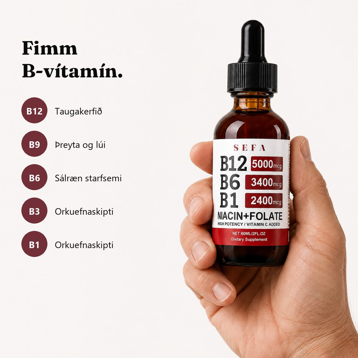 Fimm B-vítamín: B12, B9, B6, B3 og B1