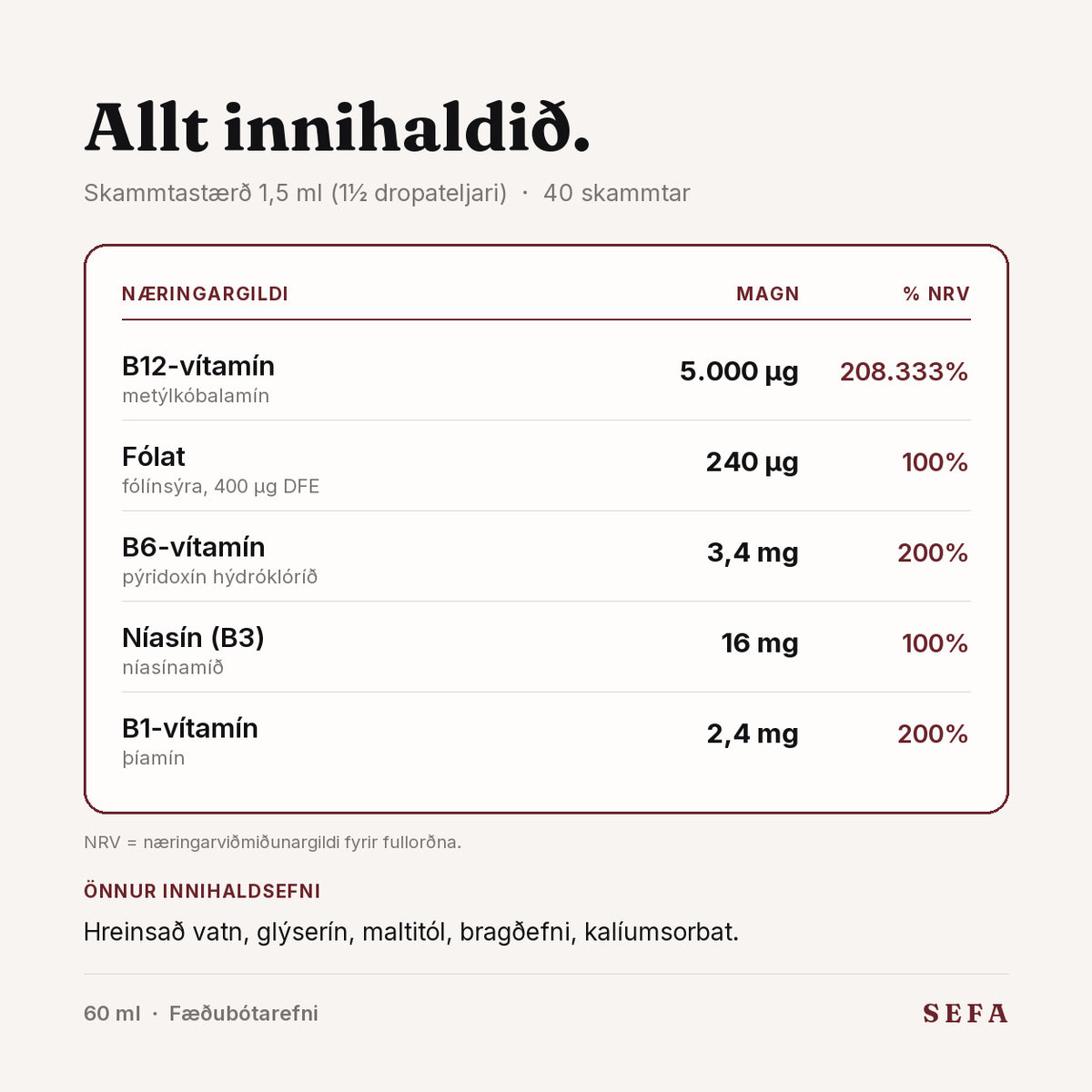 Næringargildi SEFA B-vítamíndropa: B12, fólat, B6, níasín og B1, ásamt öðrum innihaldsefnum