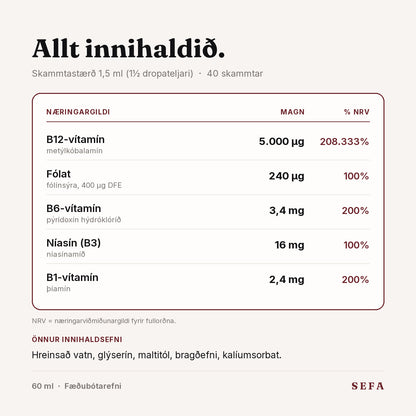 Næringargildi SEFA B-vítamíndropa: B12, fólat, B6, níasín og B1, ásamt öðrum innihaldsefnum