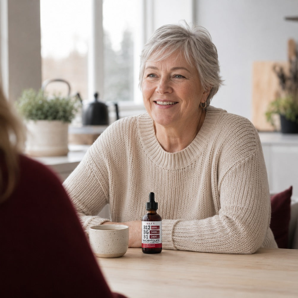 Woman at her kitchen table with the SEFA B-complex dropper bottle