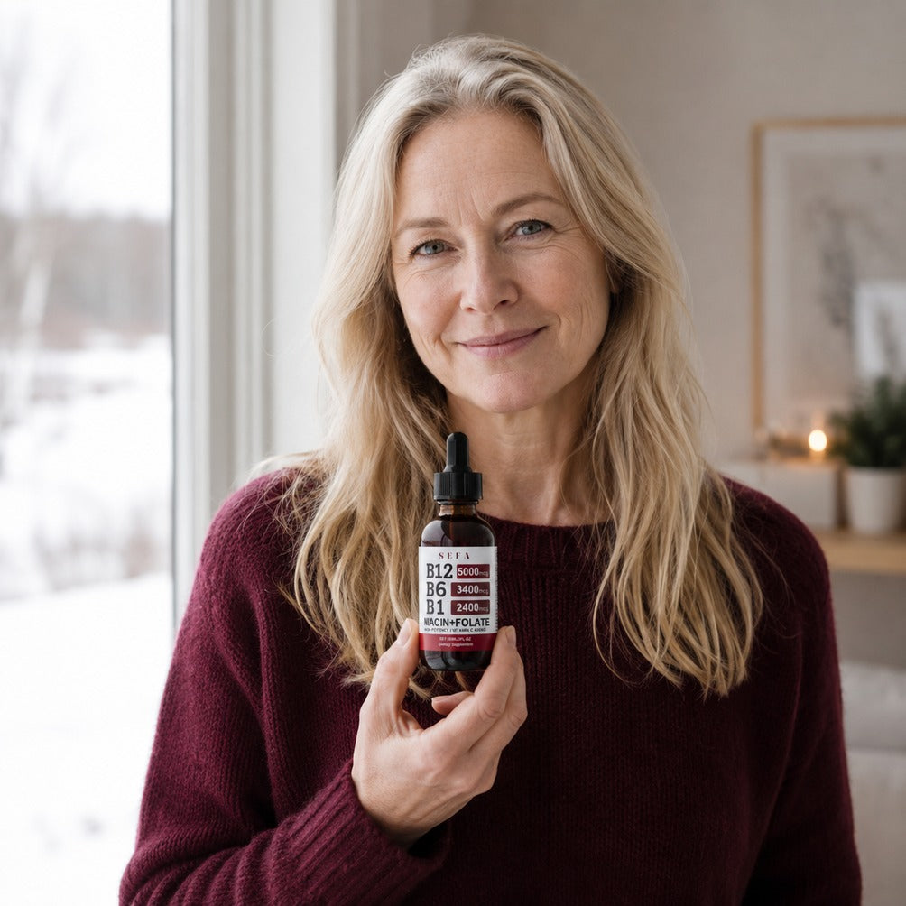 Woman holding the SEFA B-complex dropper bottle by a window in winter